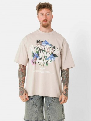 SXJN Oversize Romantize Flower Baskılı Unisex Tişört - Bej