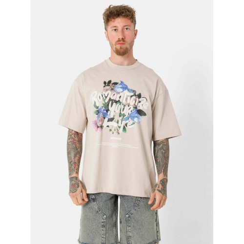 SXJN Oversize Romantize Flower Baskılı Unisex Tişört - Bej