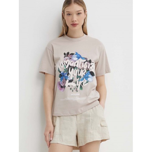 SXJN Oversize Romantize Flower Baskılı Unisex Tişört - Bej