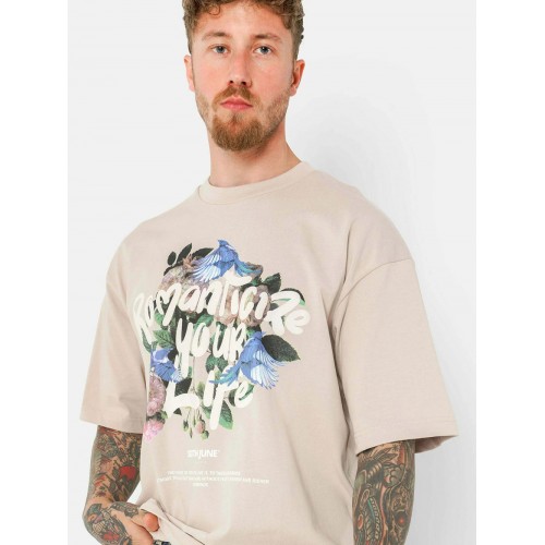 SXJN Oversize Romantize Flower Baskılı Unisex Tişört - Bej