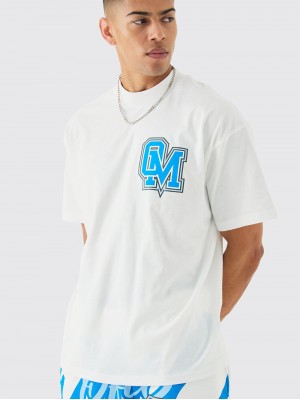 BHM Oversize Official OM Logo Baskılı Tişört - Beyaz Mavi