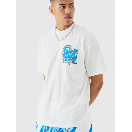 BHM Oversize Official OM Logo Baskılı Tişört - Beyaz Mavi