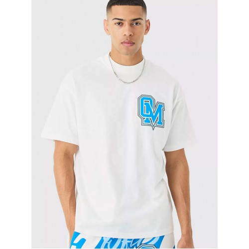 BHM Oversize Official OM Logo Baskılı Tişört - Beyaz Mavi