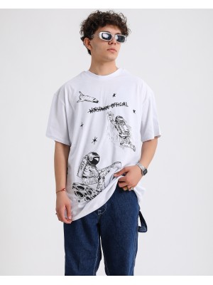 BSC Oversize Worldwide Astronot Baskılı Tişört - Beyaz