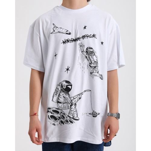 BSC Oversize Worldwide Astronot Baskılı Tişört - Beyaz